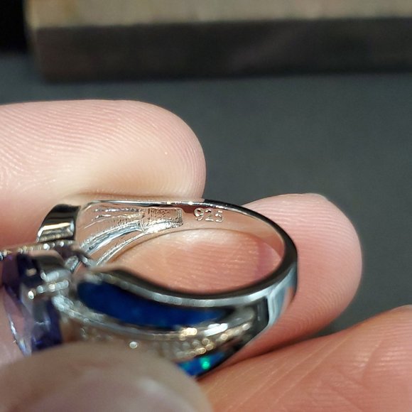Size 7 925 Sterling Silver Purple CZ With Blue Opal Accents Ring - Picture 5 of 8